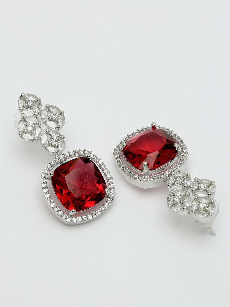 Rhodium Plated Silver Toned with Red American Diamond Small Drop Earrings