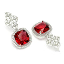 Rhodium Plated Cushion Cut Red American Diamond Contemporary Long Drop Earrings