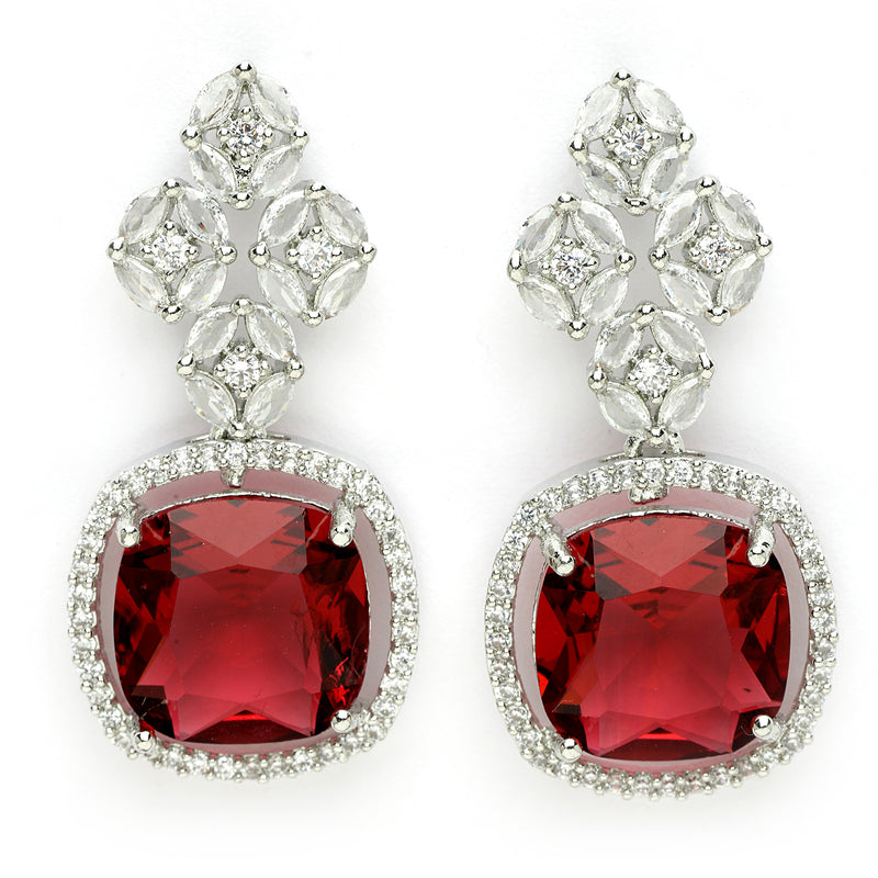 Rhodium Plated Silver Toned with Red American Diamond Small Drop Earrings