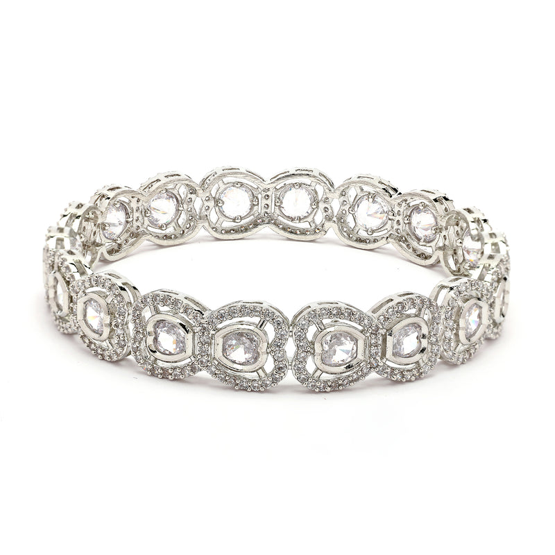 Rhodium Plated Silver Toned Bow Shaped White American Diamond Studded Bangles Set Of 2