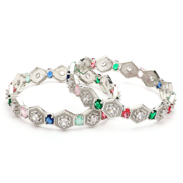 Rhodium Plated Silver Toned Geometrical Shaped Multicolor American Diamond Studded Bangles Set Of 2