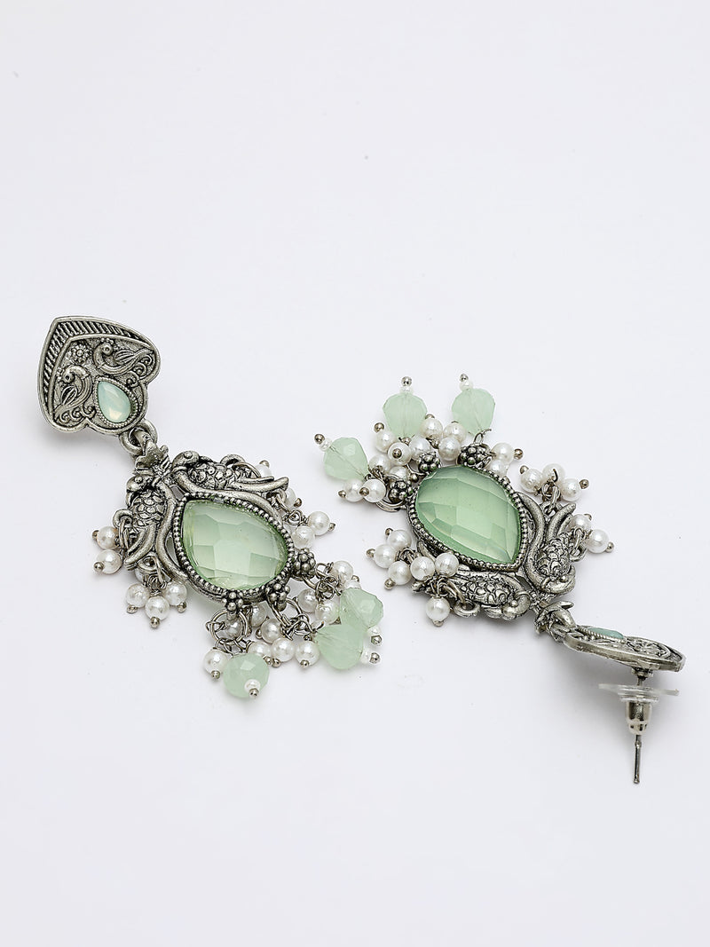 Oxidized Plated with Sea Green Cubic Zirconia Danglers Earrings