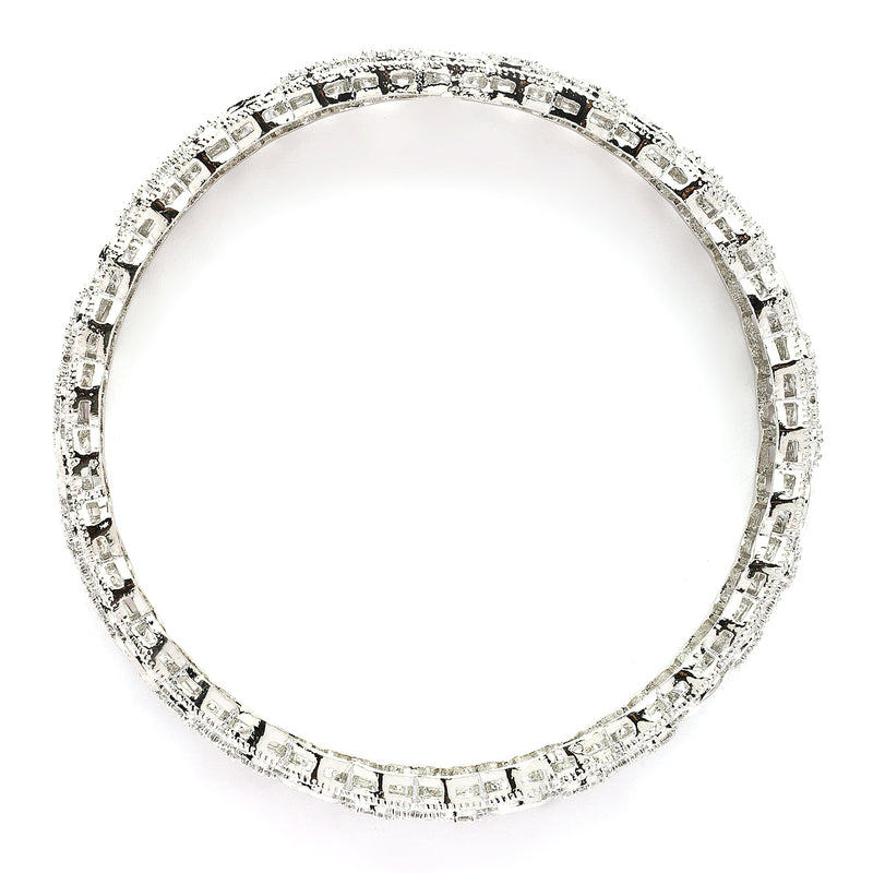 Rhodium Plated Silver Toned Teardrop Shaped White American Diamond Studded Bangles Set Of 2