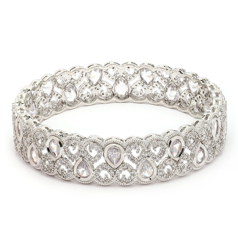Rhodium Plated Silver Toned Teardrop Shaped White American Diamond Studded Bangles Set Of 2