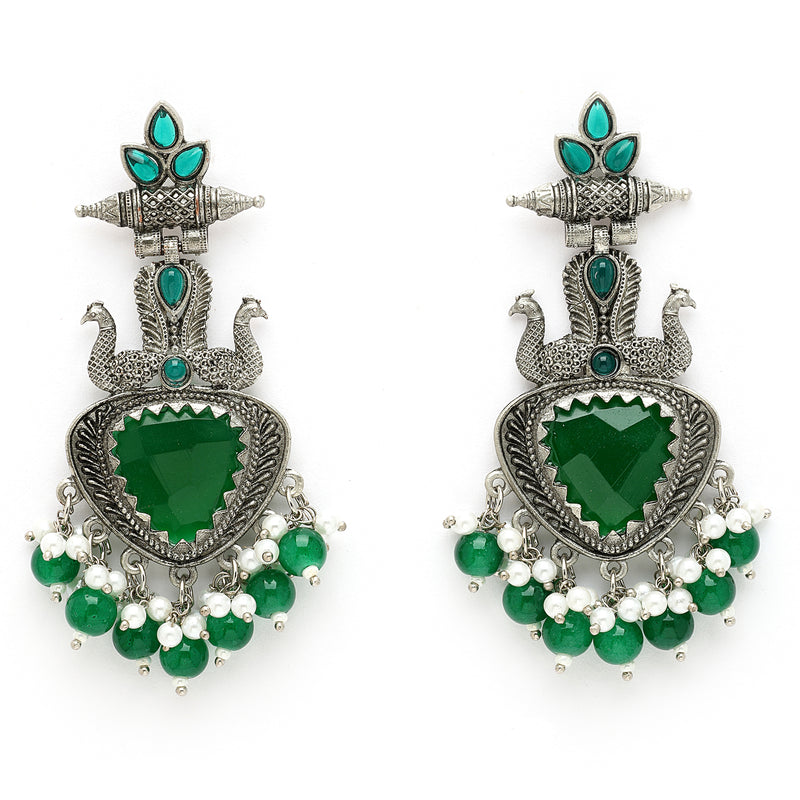 Oxidized Plated with Green & White Pearl Cubic Zirconia Danglers Earrings