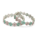 Rhodium Plated Silver Toned Floral Shaped Sea Green & Pink American Diamond Studded Bangles Set Of 2