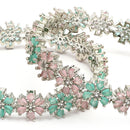 Rhodium Plated Silver Toned Floral Shaped Sea Green & Pink American Diamond Studded Bangles Set Of 2