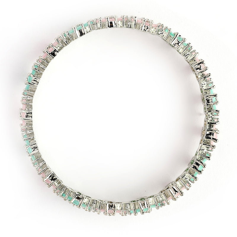 Rhodium Plated Silver Toned Floral Shaped Sea Green & Pink American Diamond Studded Bangles Set Of 2