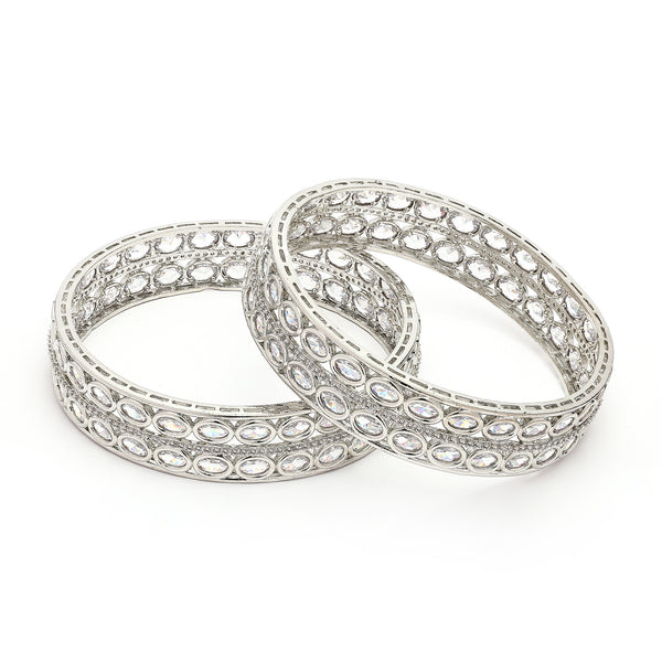 Rhodium Plated Silver Toned Oval Shaped American Diamond Studded Bangles Set Of 2
