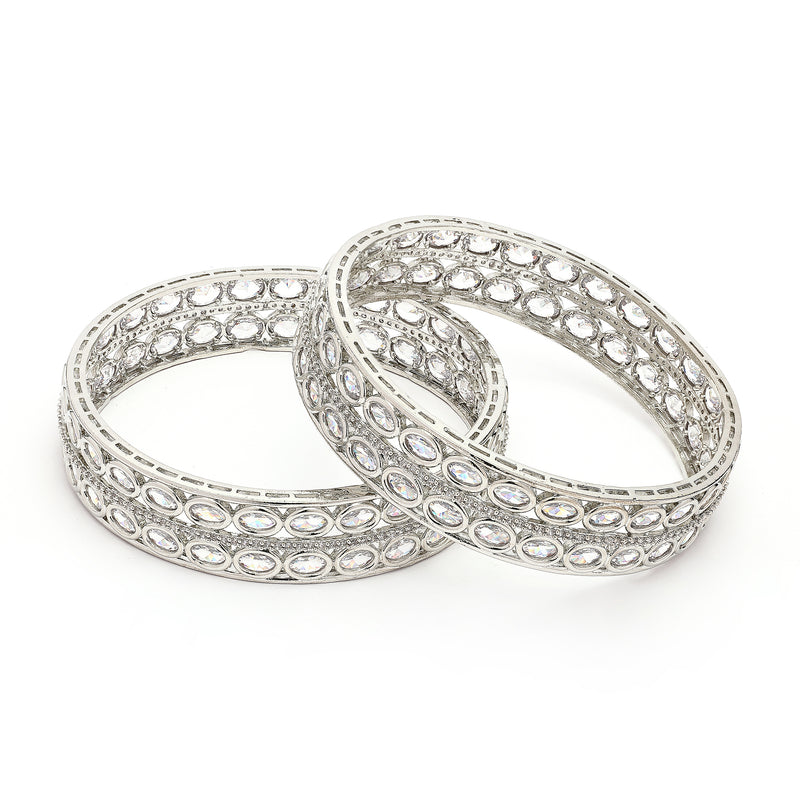 Rhodium Plated Silver Toned Oval Shaped American Diamond Studded Bangles Set Of 2