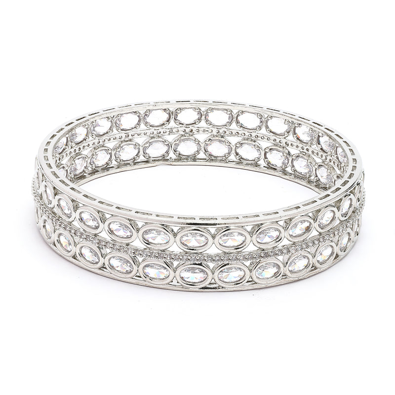 Rhodium Plated Silver Toned Oval Shaped American Diamond Studded Bangles Set Of 2