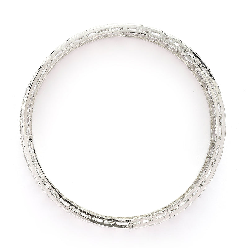 Rhodium Plated Silver Toned Oval Shaped American Diamond Studded Bangles Set Of 2