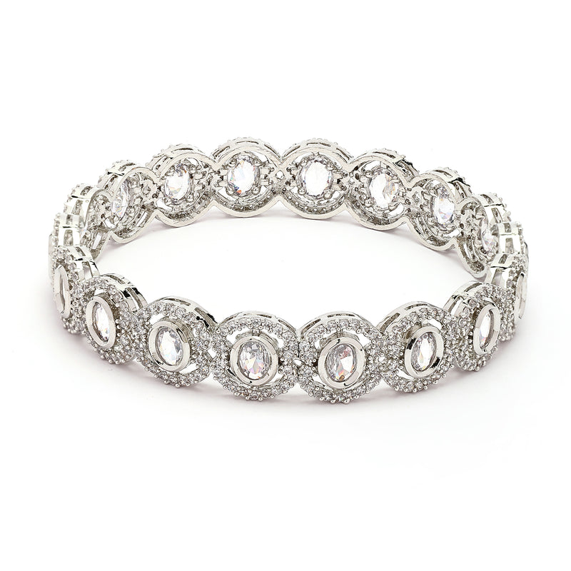 Rhodium Plated Silver Toned Oval Shaped White American Diamond Studded Bangles Set Of 2