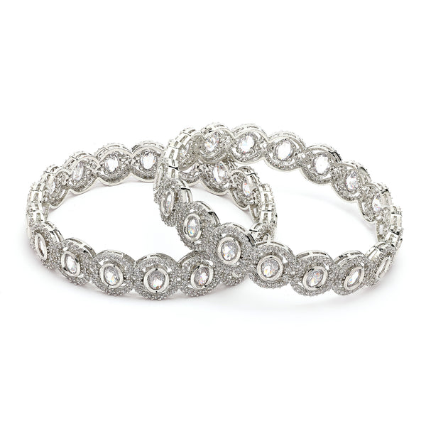 Rhodium Plated Silver Toned Oval Shaped White American Diamond Studded Bangles Set Of 2