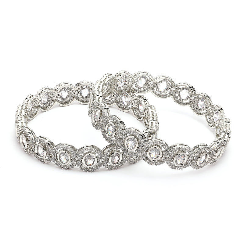Rhodium Plated Silver Toned Oval Shaped White American Diamond Studded Bangles Set Of 2