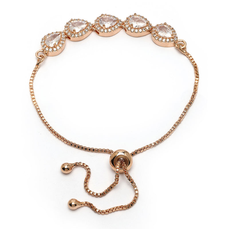 Rose Gold Plated Teardrop Shaped White American Diamond Studded Bracelet