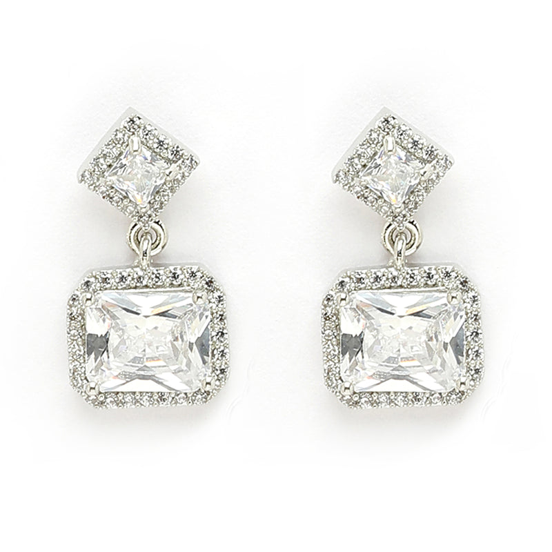 Rhodium Plated with White Rectangular American Diamond Studded Pendent Set