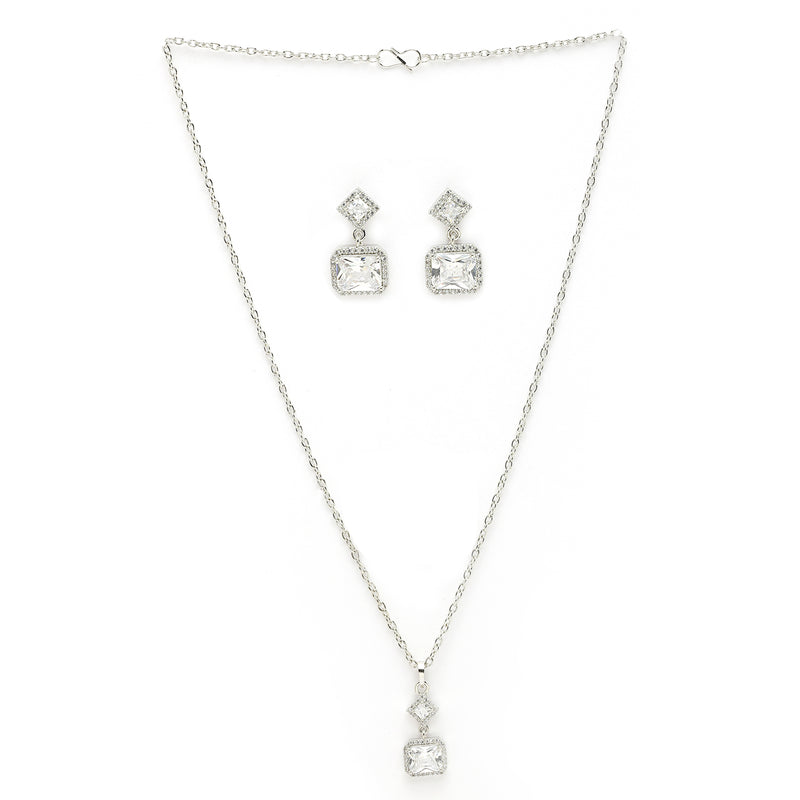 Rhodium Plated with White Rectangular American Diamond Studded Pendent Set