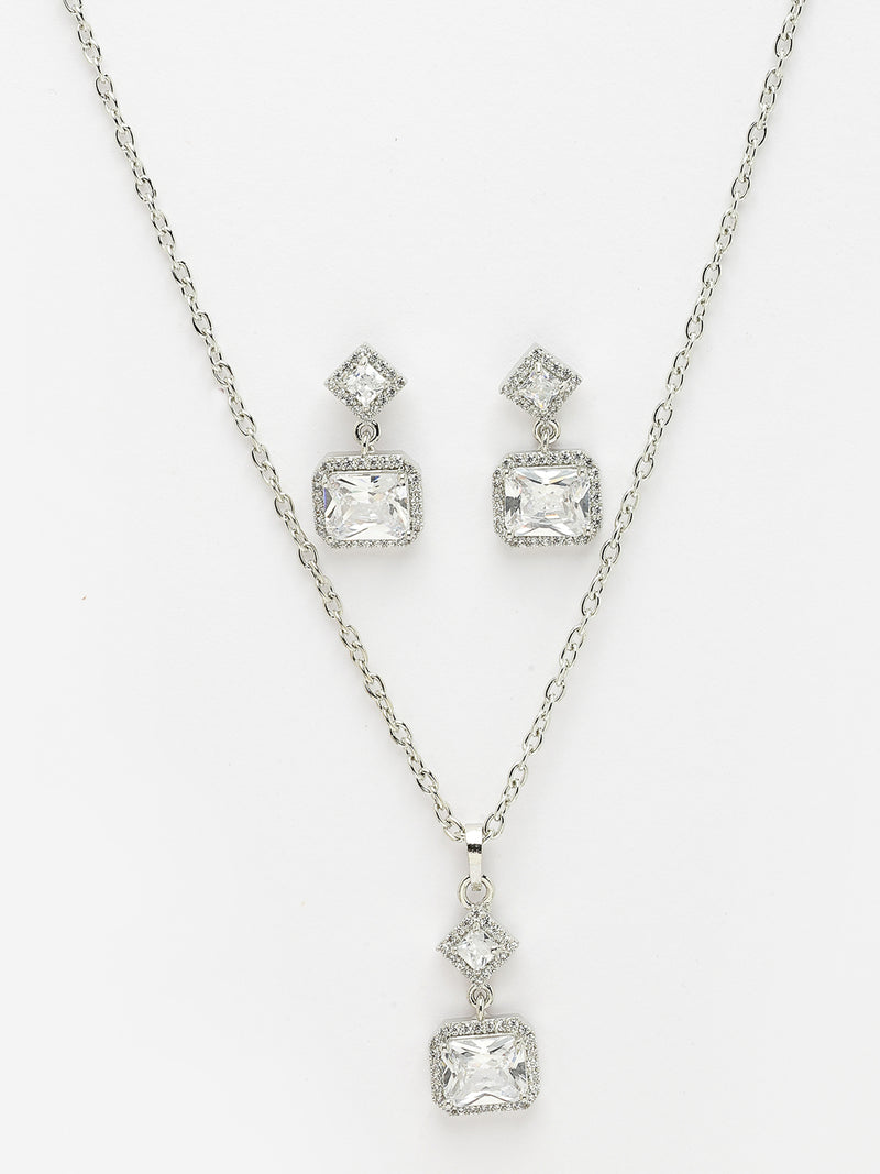 Rhodium Plated with White Rectangular American Diamond Studded Pendent Set