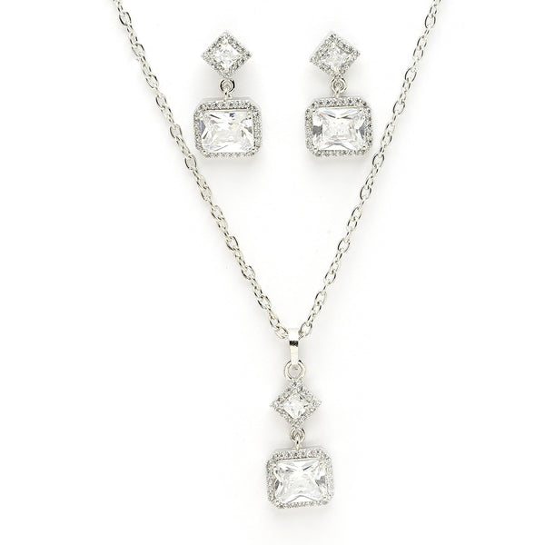 Rhodium Plated with White Rectangular American Diamond Studded Pendent Set