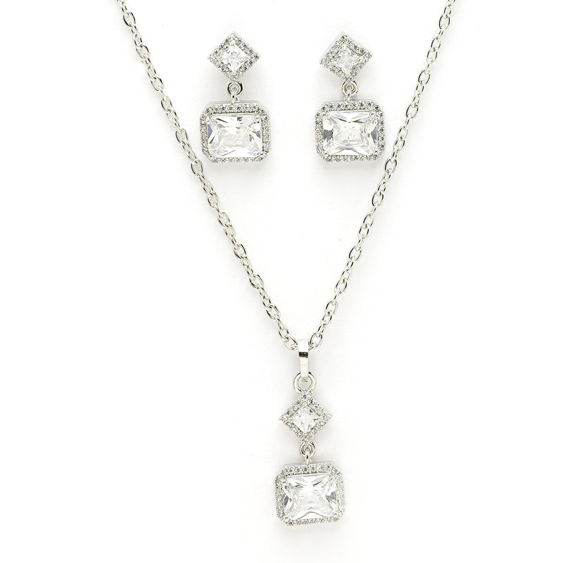 Rhodium Plated with White Rectangular American Diamond Studded Pendent Set