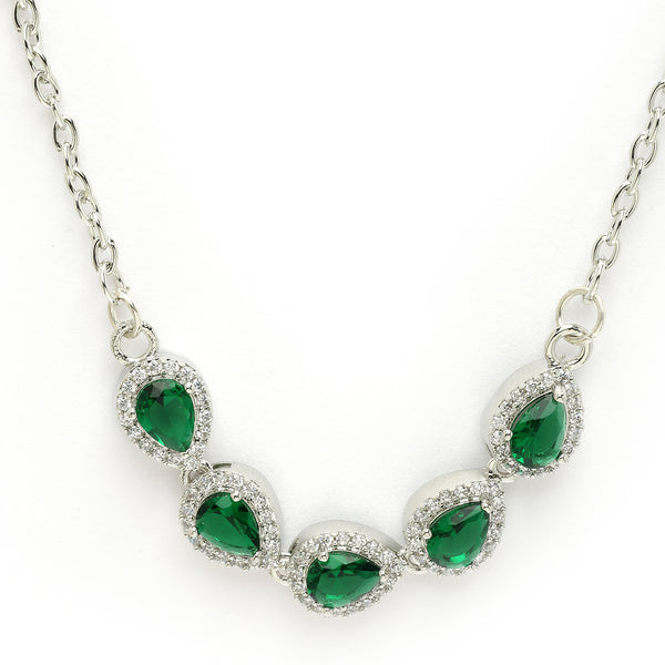 Rhodium Plated with Green American Diamond & Classy Tear Drop Shape Pendant Set