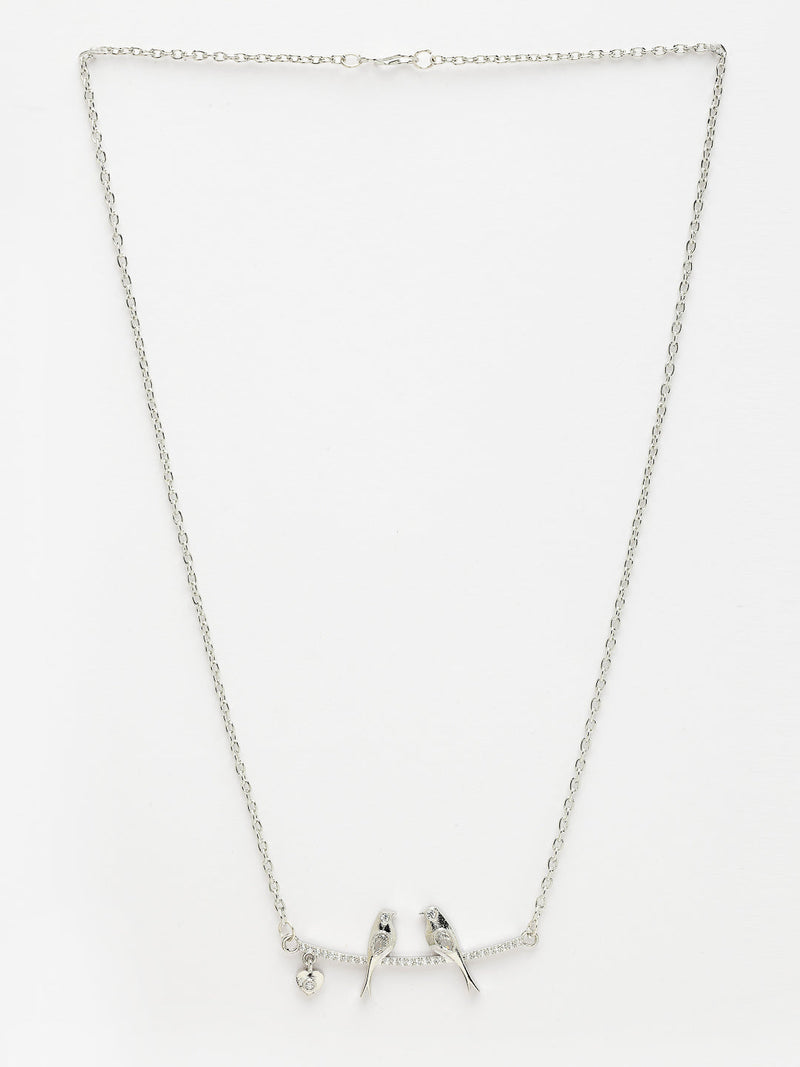 Rhodium Plated with White American Diamond Studded Love Birds Design Pendant