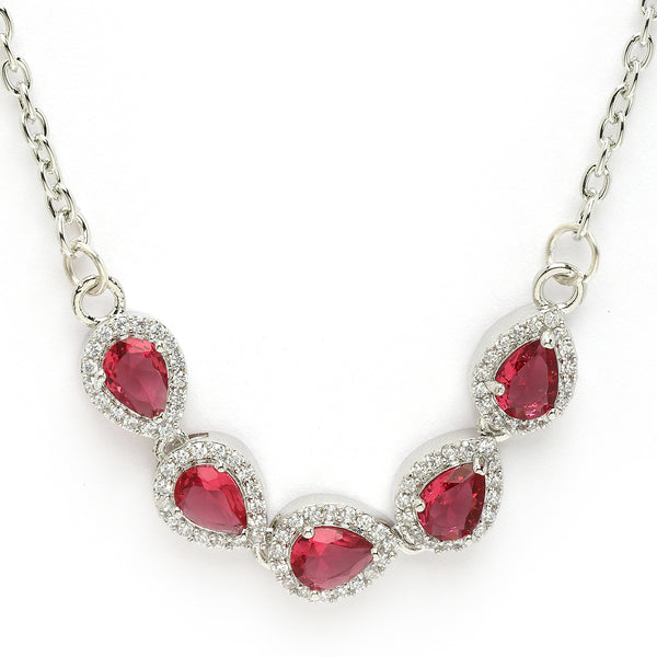 Rhodium Plated with Red American Diamond & Classy Tear Drop Shape Pendant Set