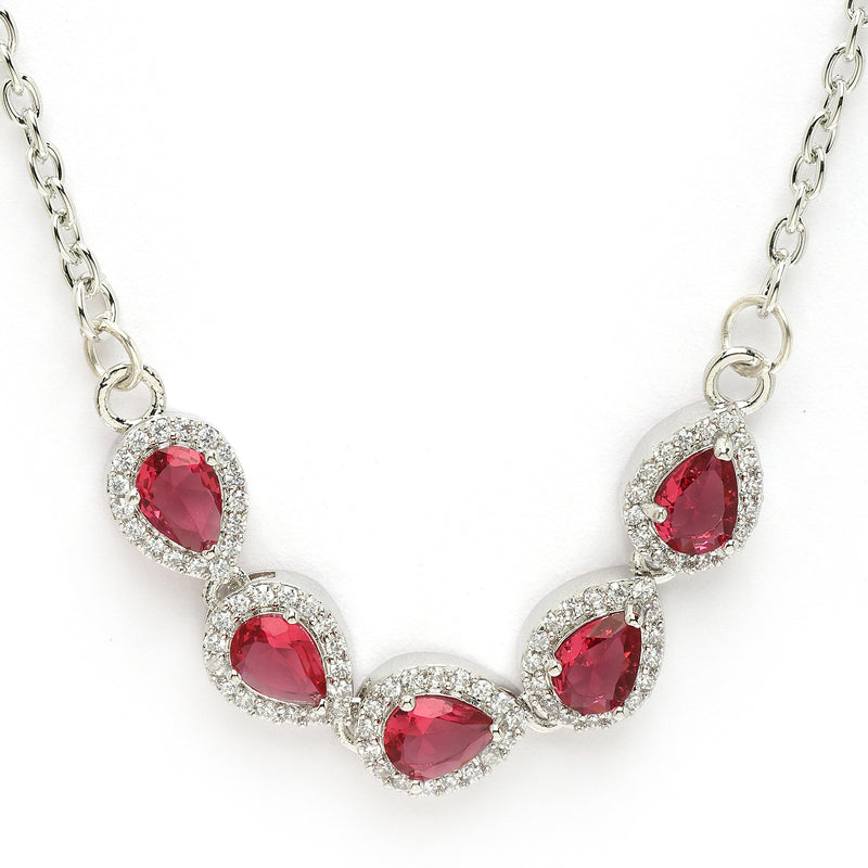 Rhodium Plated with Red American Diamond & Classy Tear Drop Shape Pendant Set