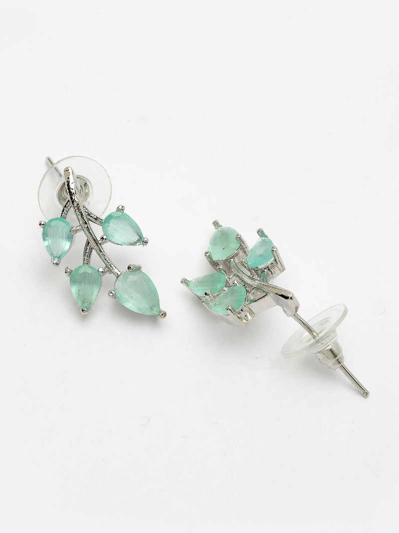 Rhodium Plated with Leaf Shaped Design & Sea Green American Diamonds Studded Pendant Set