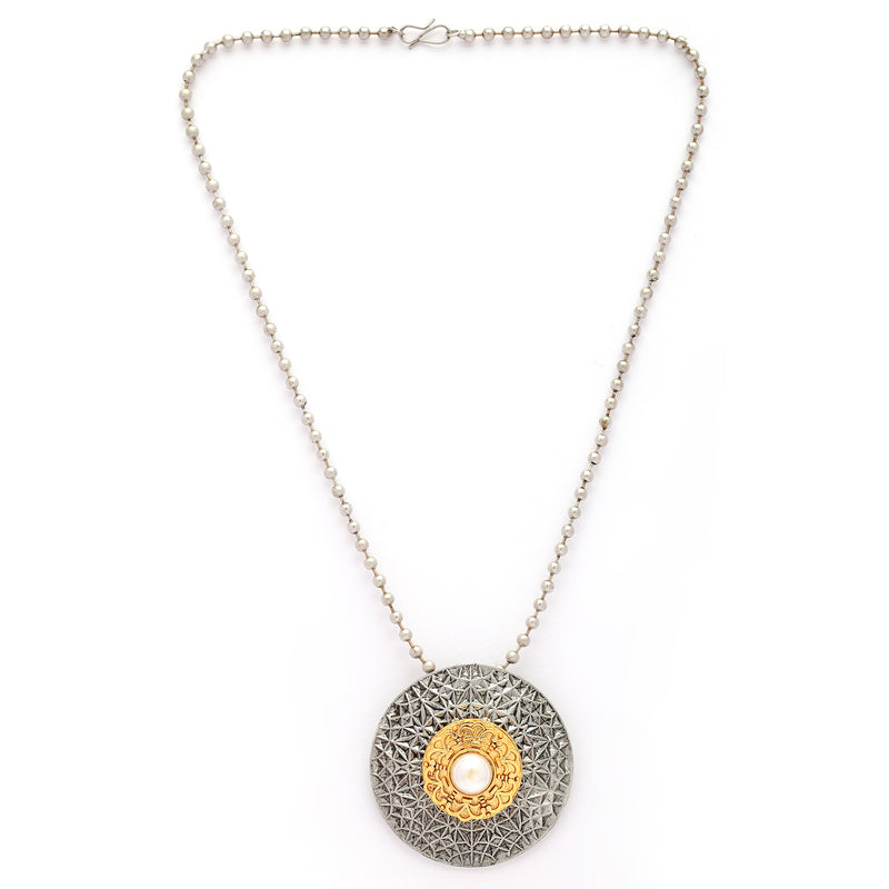 Oxidized Silver Toned Yellow Circular Shaped Pearl Studded Boho Style Pendant Necklace