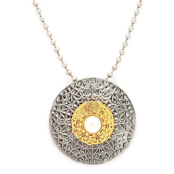 Oxidized Silver Toned Yellow Circular Shaped Pearl Studded Boho Style Pendant Necklace