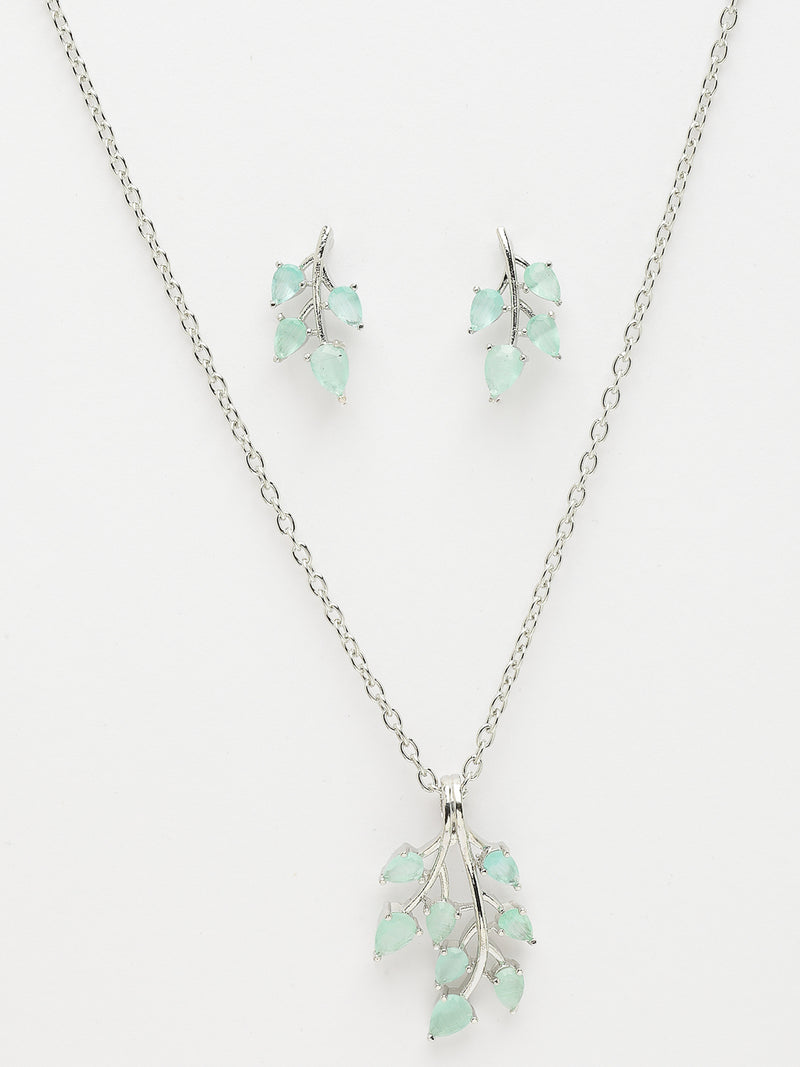 Rhodium Plated with Leaf Shaped Design & Sea Green American Diamonds Studded Pendant Set