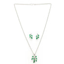 Rhodium Plated with Leaf Shaped Design & Green American Diamonds Studded Pendant Set