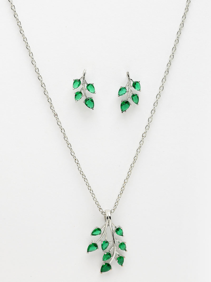 Rhodium Plated with Leaf Shaped Design & Green American Diamonds Studded Pendant Set