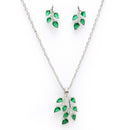 Rhodium Plated with Leaf Shaped Design & Green American Diamonds Studded Pendant Set