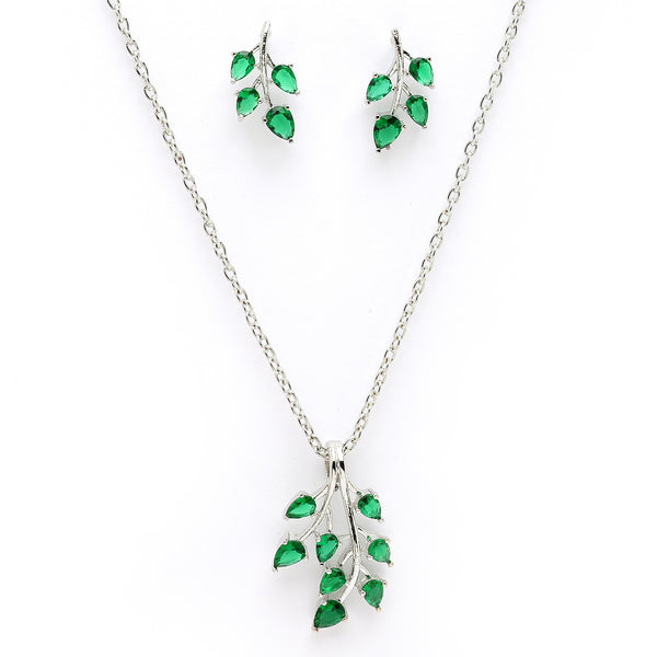 Rhodium Plated with Leaf Shaped Design & Green American Diamonds Studded Pendant Set