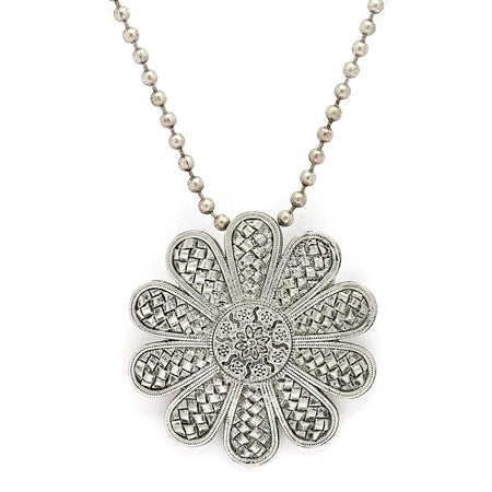 Oxidized Silver Toned Floral Shaped  Boho Style Pendant Necklace