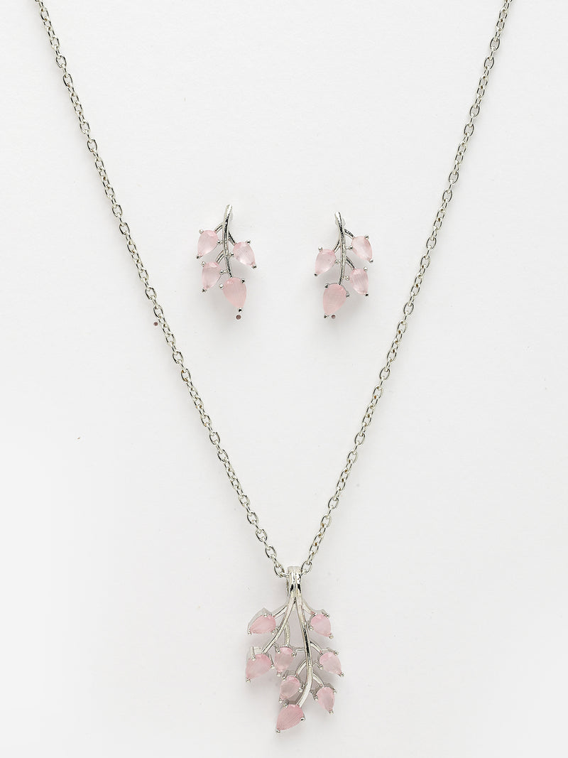 Rhodium Plated with Leaf Shaped Design & Pink American Diamonds Studded Pendant Set