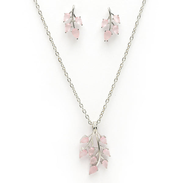 Rhodium Plated with Leaf Shaped Design & Pink American Diamonds Studded Pendant Set
