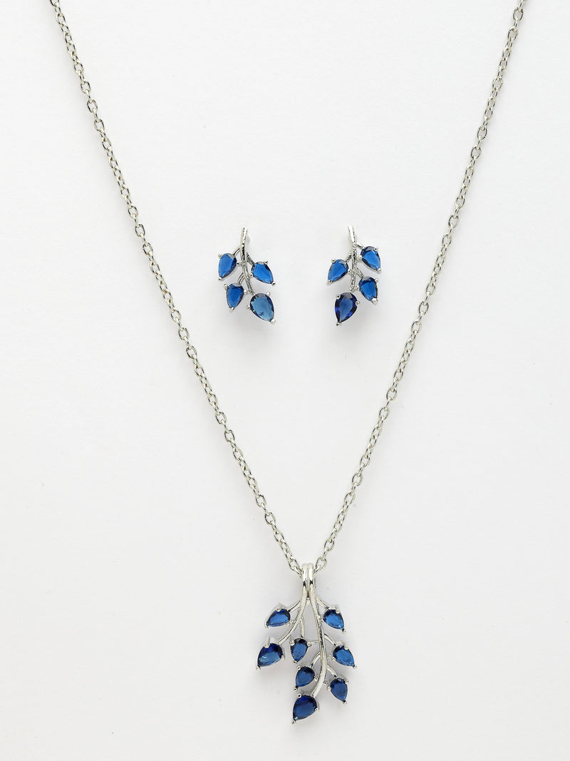 Rhodium Plated with Leaf Shaped Design & Blue American Diamonds Studded Pendant Set