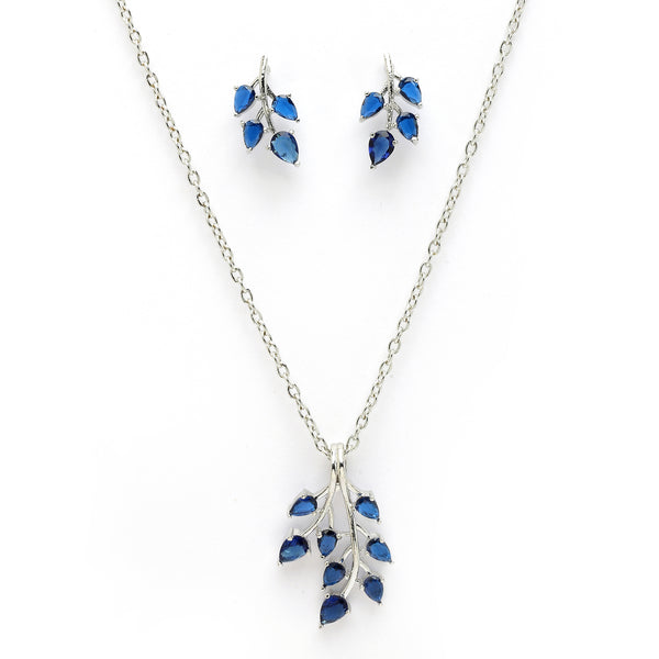 Rhodium Plated with Leaf Shaped Design & Blue American Diamonds Studded Pendant Set