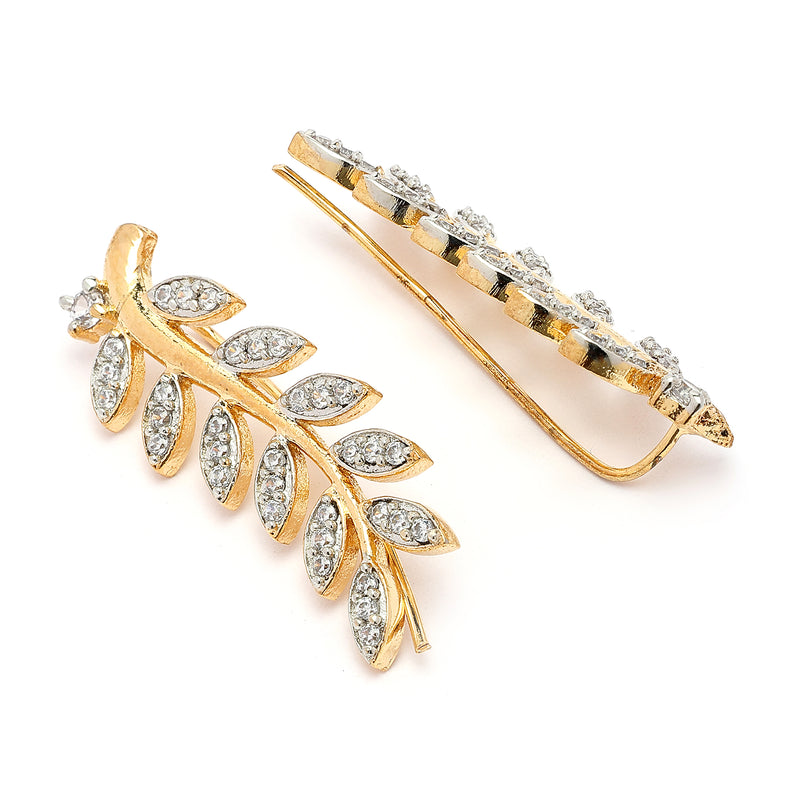 Gold Plated Leaf Shaped American Diamond Studded Ear cuff Earrings