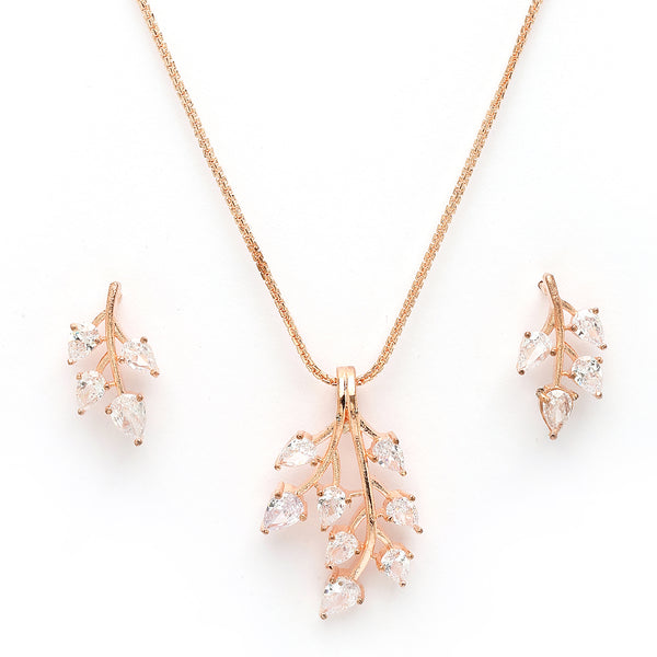 Rose Gold Plated with Leaf Shaped Design & White American Diamonds Studded Pendant Set