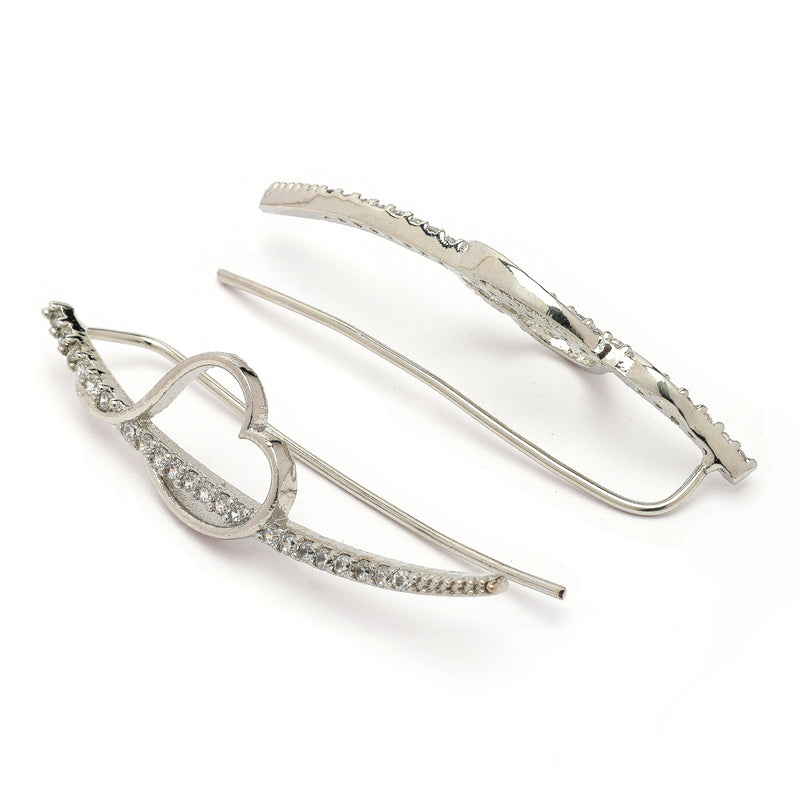 Rhodium Plated Silver Toned Heart Shaped American Diamond Studded Ear Climber Earrings