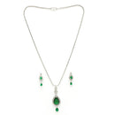 Rhodium Plated with Green Tear Drop Shape American Diamond Studded Pendent Set