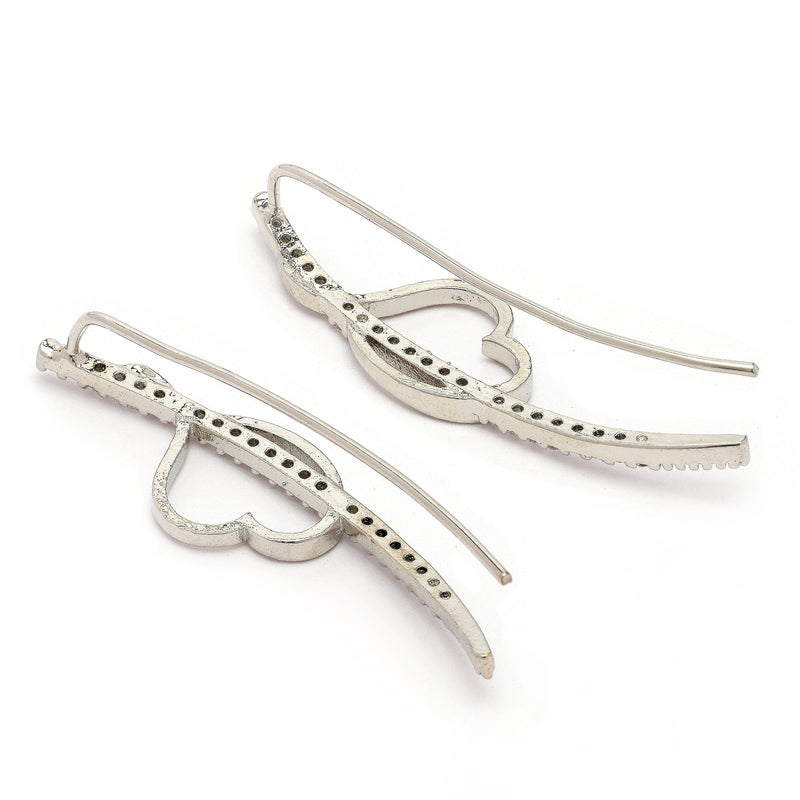 Rhodium Plated Silver Toned Heart Shaped American Diamond Studded Ear Climber Earrings
