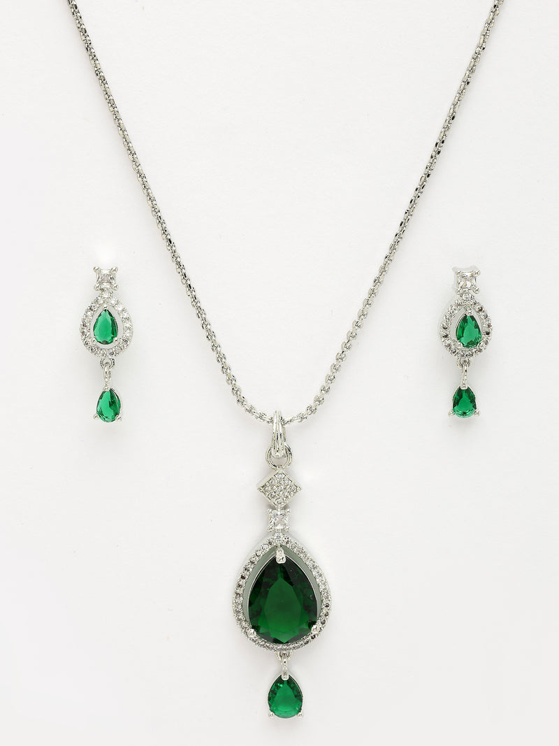 Rhodium Plated with Green Tear Drop Shape American Diamond Studded Pendent Set