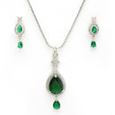 Rhodium Plated with Green Tear Drop Shape American Diamond Studded Pendent Set