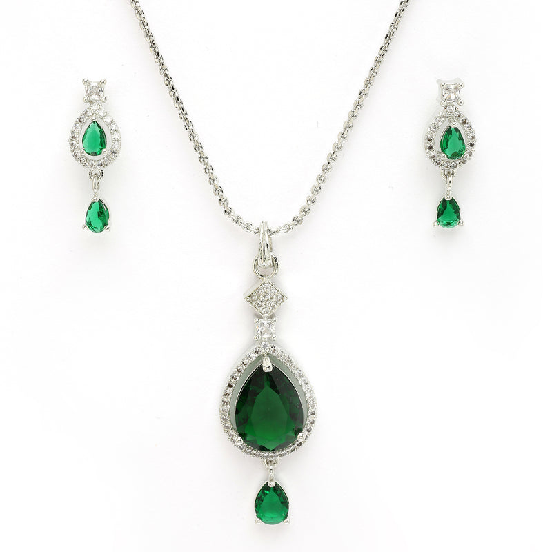 Rhodium Plated with Green Tear Drop Shape American Diamond Studded Pendent Set
